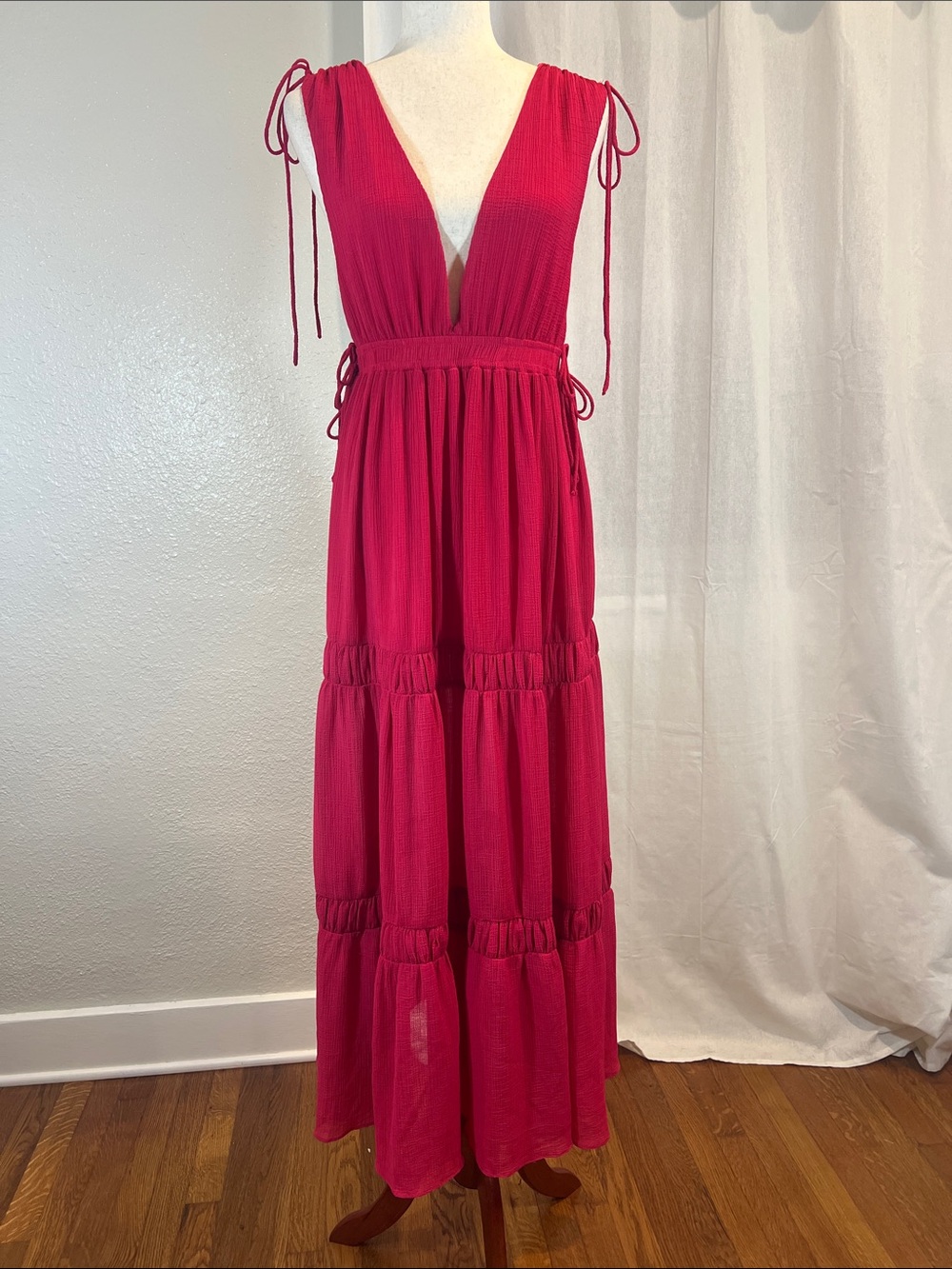 Free the Roses Fuchsia Tie-Shoulder Tiered Maxi Dress